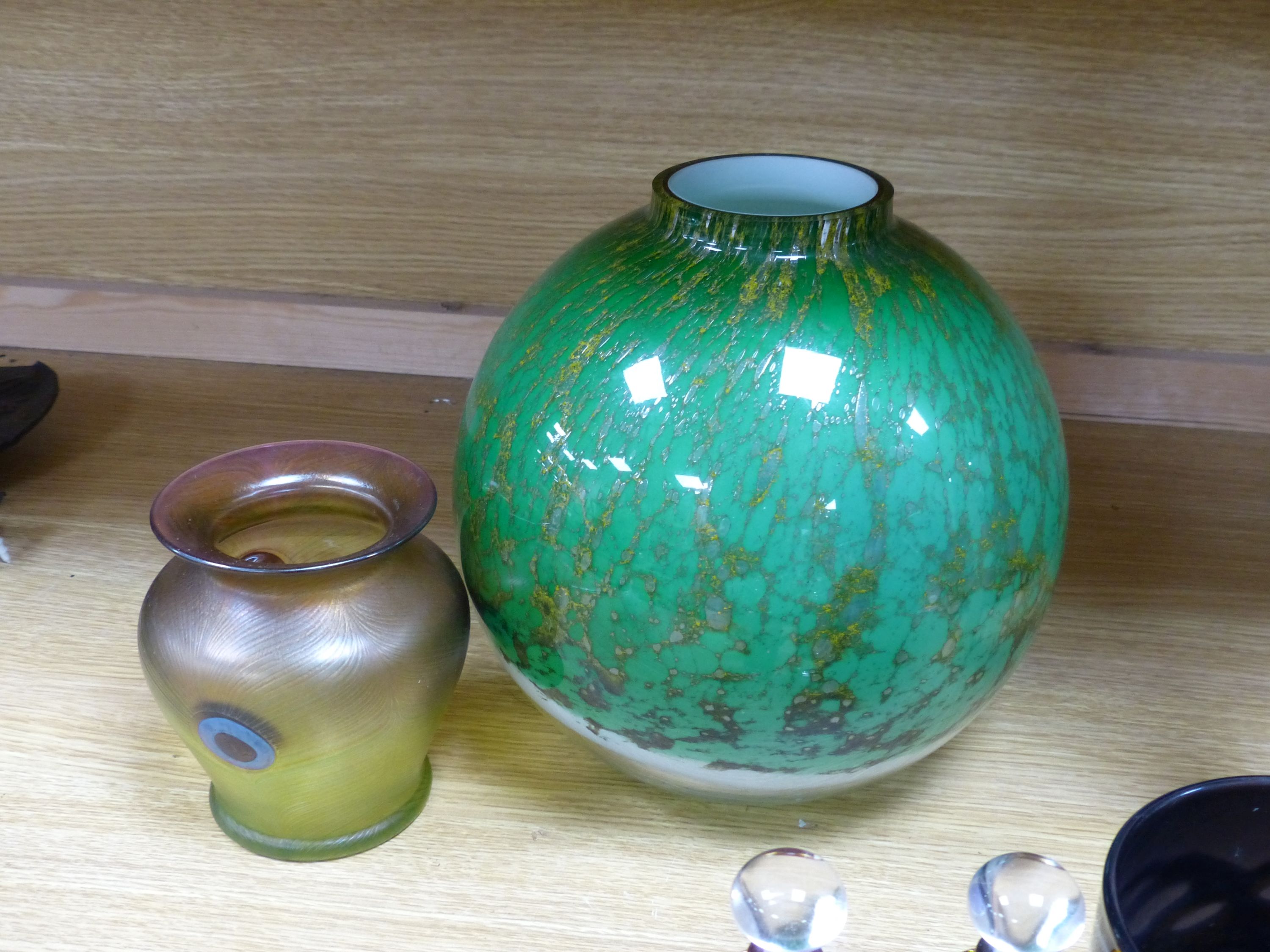 Two Adrian Sankey glass vases and a collection of studio glass, tallest 24cm